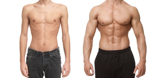 Collage with photos of man before and after gaining muscle mass on white background, closeup