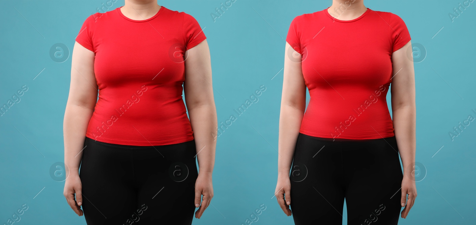 Image of Collage with photos of woman before and after weight loss on light blue background, closeup