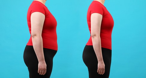 Image of Collage with photos of woman before and after weight loss on light blue background, closeup