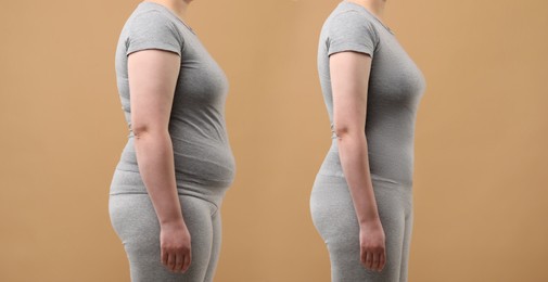 Collage with photos of woman before and after weight loss on beige background, closeup