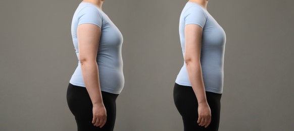 Collage with photos of woman before and after weight loss on grey background, closeup