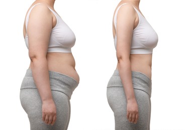 Collage with photos of woman before and after weight loss on white background, closeup