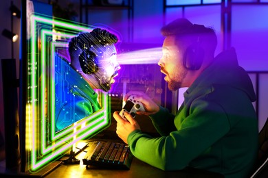 Astonished man playing video game indoors. Digital projection of same man looking at him from computer screen