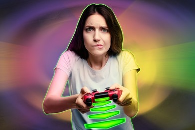 Image of Concentrated woman playing video game with controller on colorful background. Green arrows coming out from device