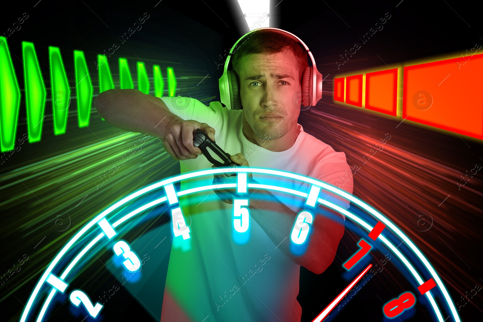 Image of Man playing racing video game with controller. Feeling inside track. Tachometer in foreground