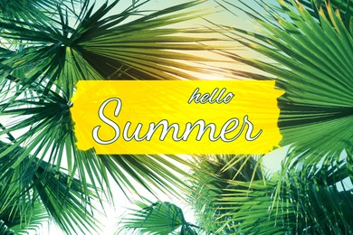 Image of Hello Summer text against palms and bright sky on sunny day