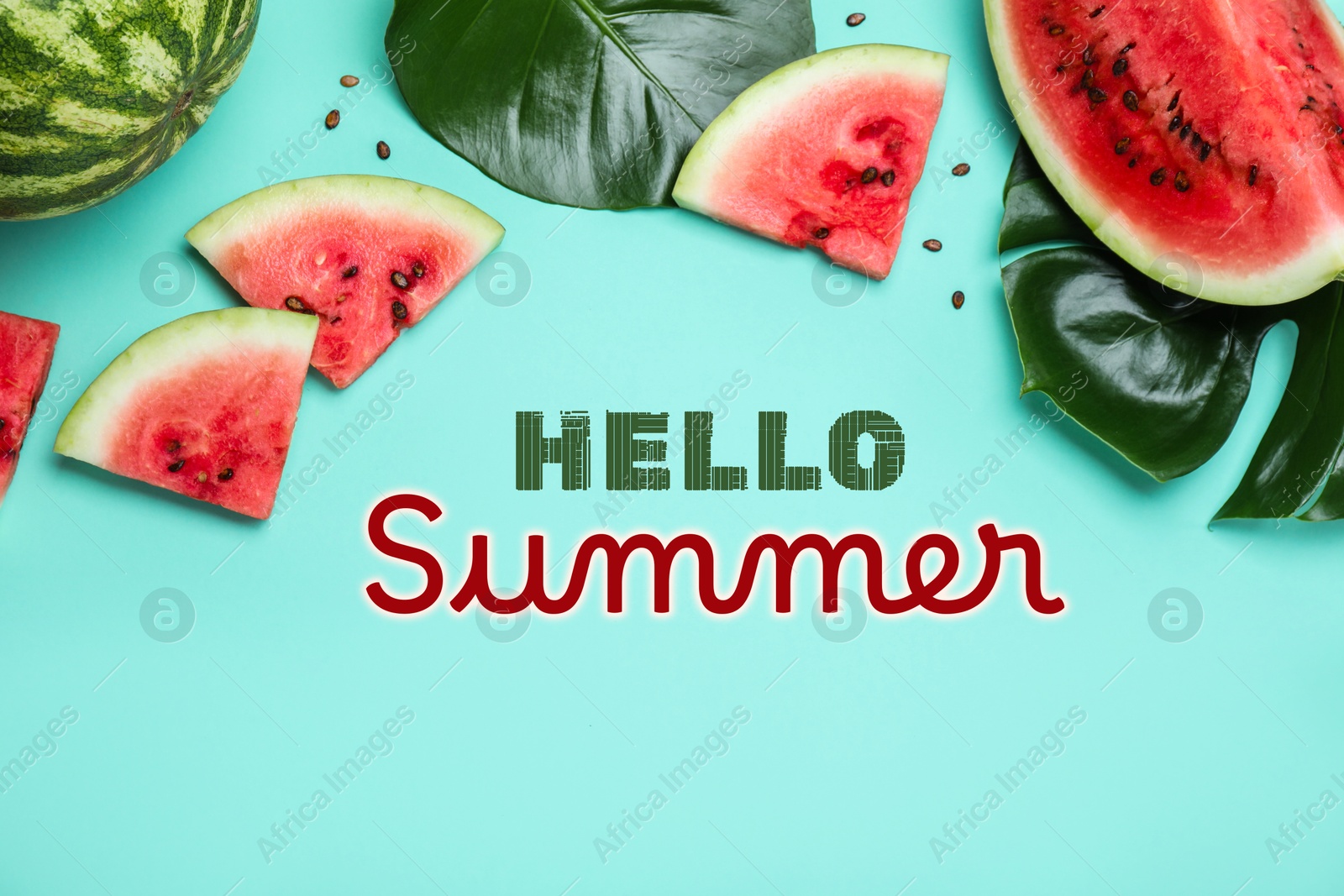 Image of Hello Summer text, watermelon and tropical leaves on turquoise background, top view