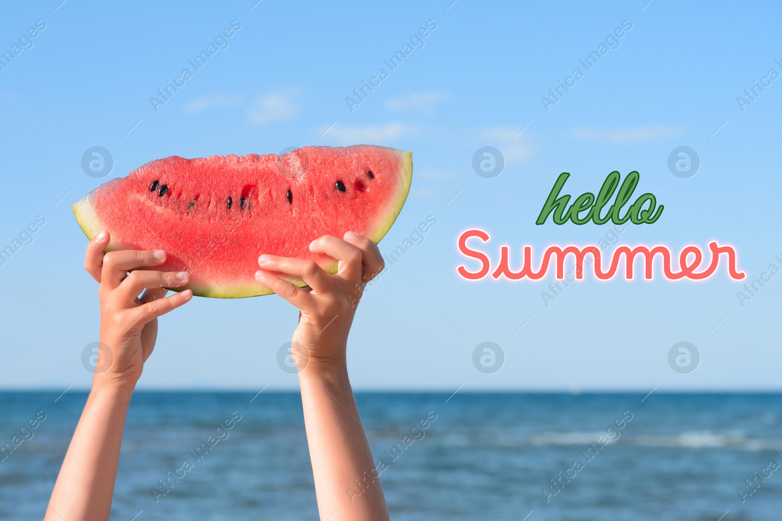 Image of Hello Summer. Child holding watermelon slice near ocean, closeup