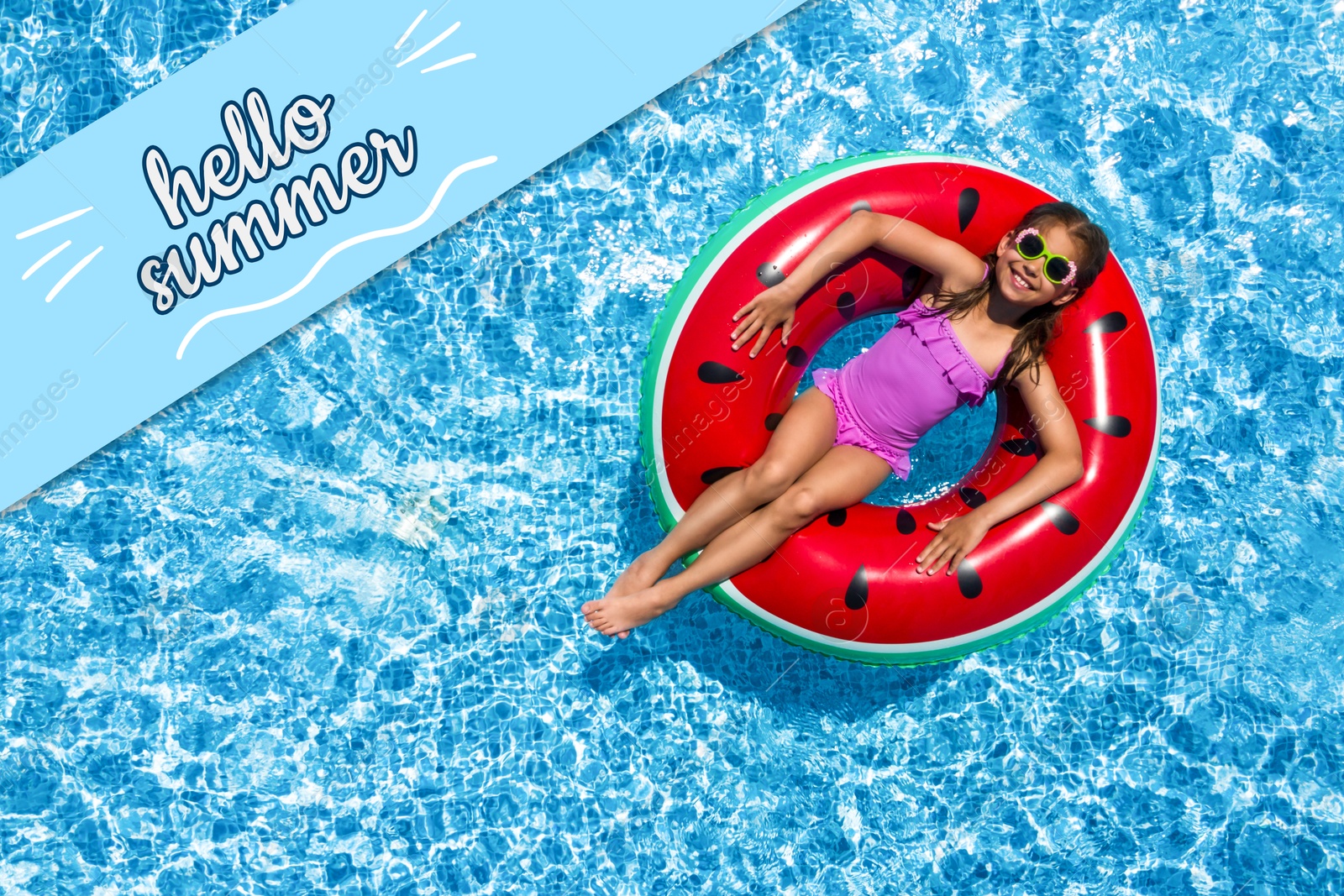 Image of Hello Summer. Cute little girl with inflatable ring in swimming pool, top view