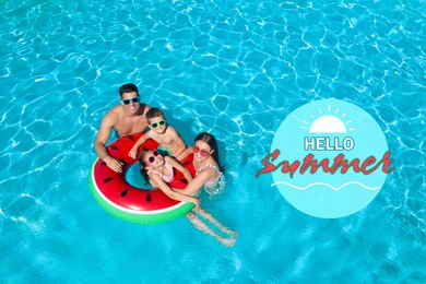 Hello Summer. Happy family with inflatable ring in swimming pool