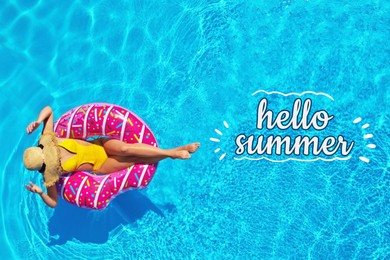 Image of Hello Summer. Young woman with inflatable ring in swimming pool, top view