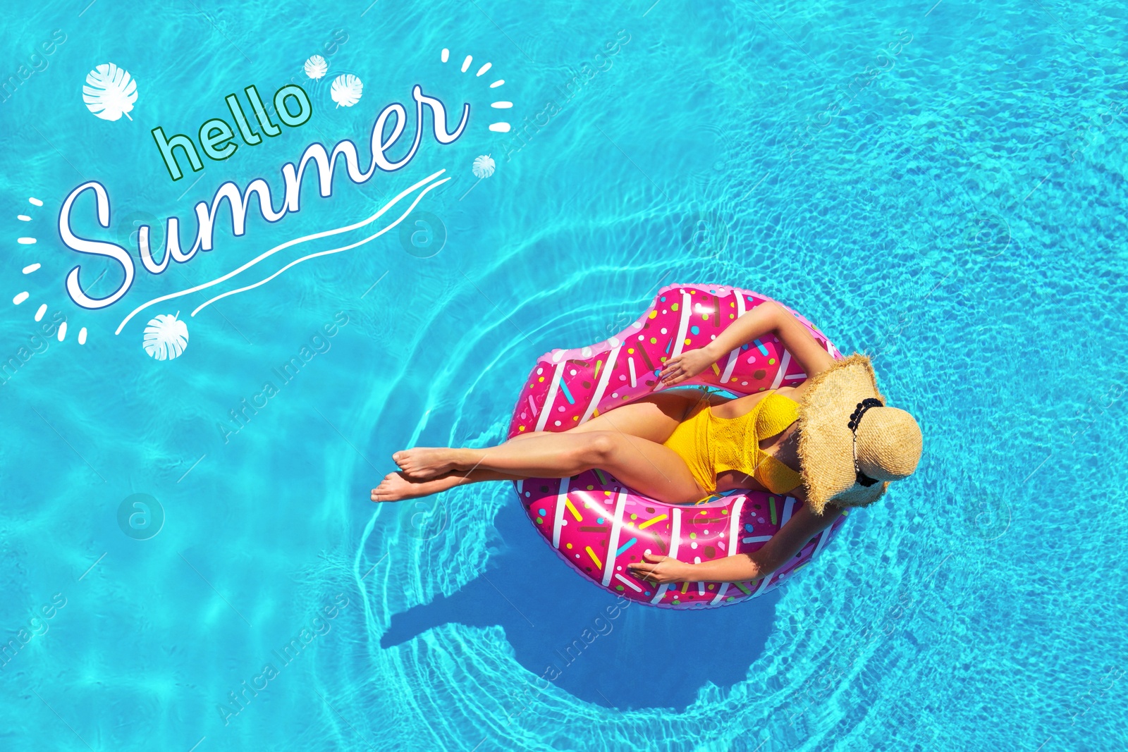 Image of Hello Summer. Young woman with inflatable ring in swimming pool, top view