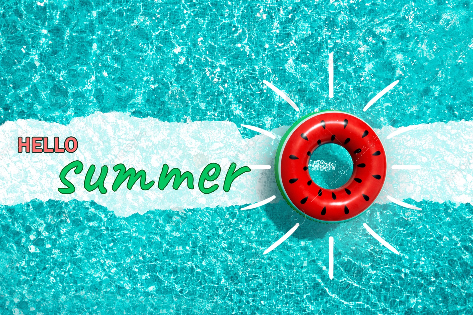 Image of Hello Summer text and swimming pool with inflatable ring, topview