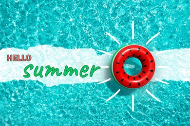 Hello Summer text and swimming pool with inflatable ring, topview