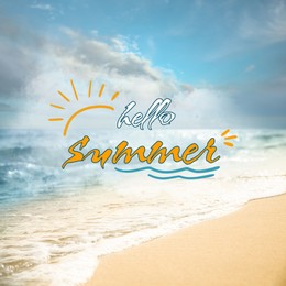 Image of Hello Summer text and ocean coast on background