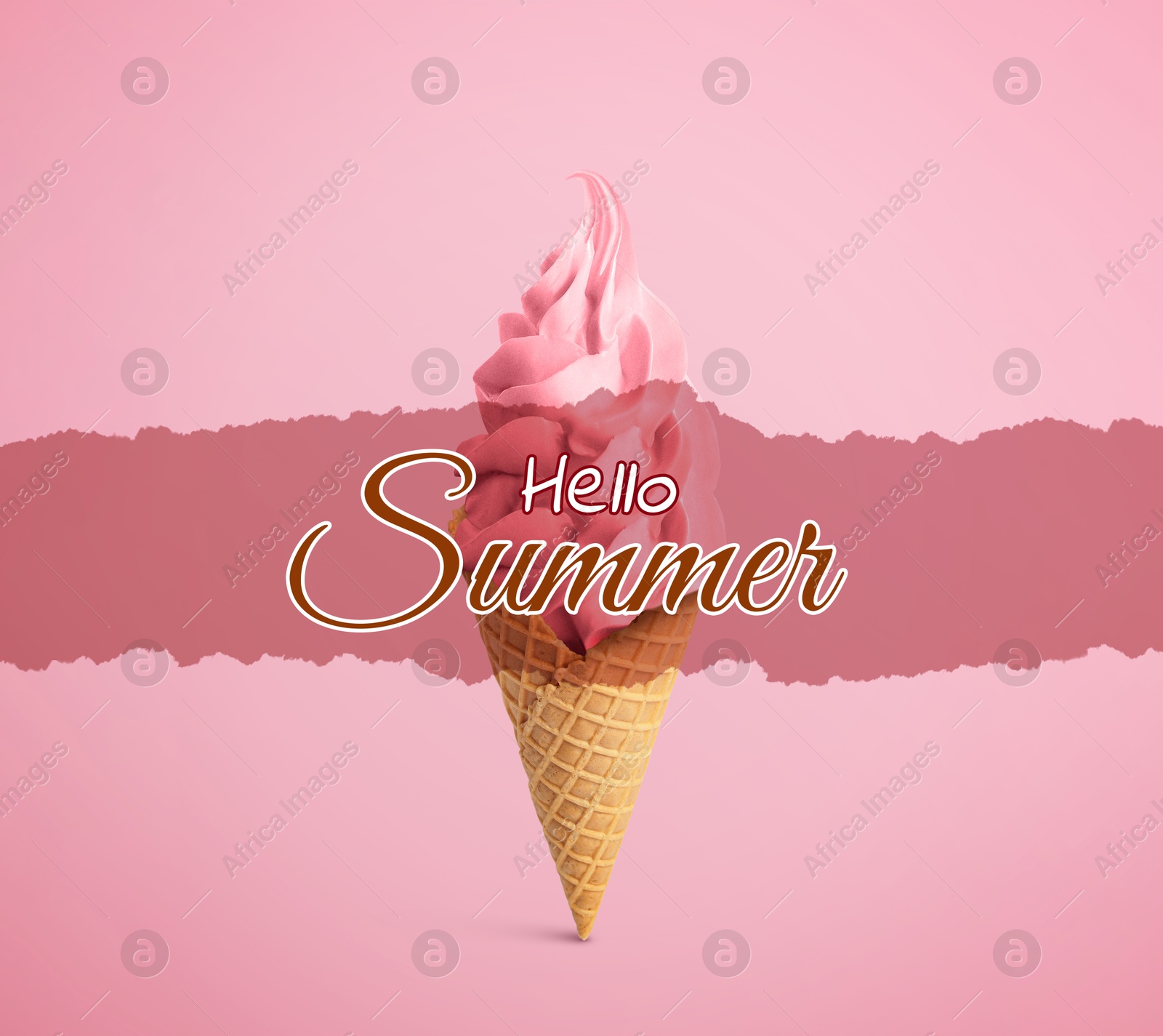 Image of Hello Summer. Tasty ice cream in crispy cone on pink background