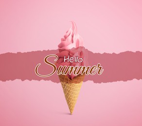Hello Summer. Tasty ice cream in crispy cone on pink background