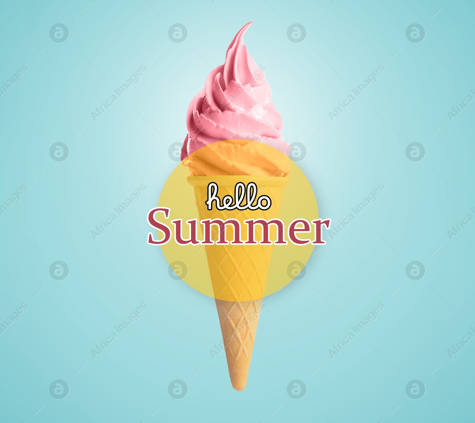 Image of Hello Summer. Tasty ice cream in crispy cone on light blue background