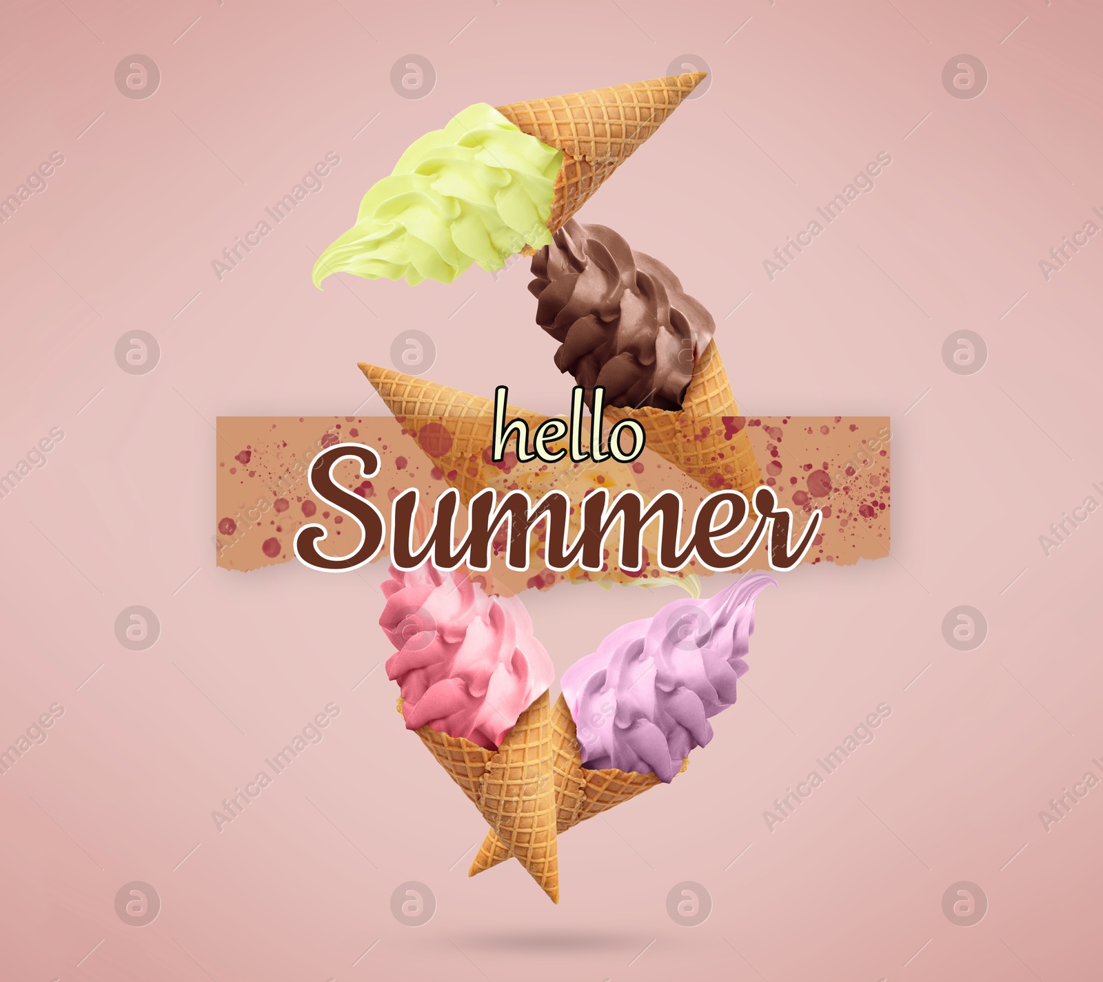 Image of Hello Summer. Tasty ice cream in crispy cones in air on dusty rose background