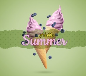 Image of Hello Summer. Tasty ice cream in crispy cones and blueberries in air on olive background
