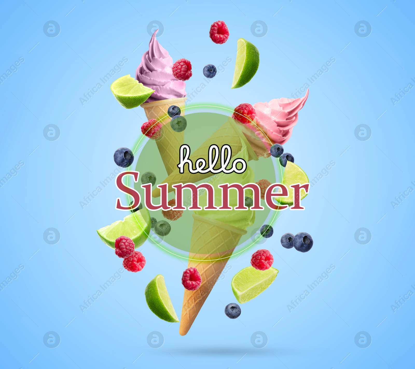 Image of Hello Summer. Tasty ice cream in crispy cones, lime slices and berries in air on light blue background