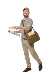 Photo of Happy young postman with brown bag delivering letters on white background