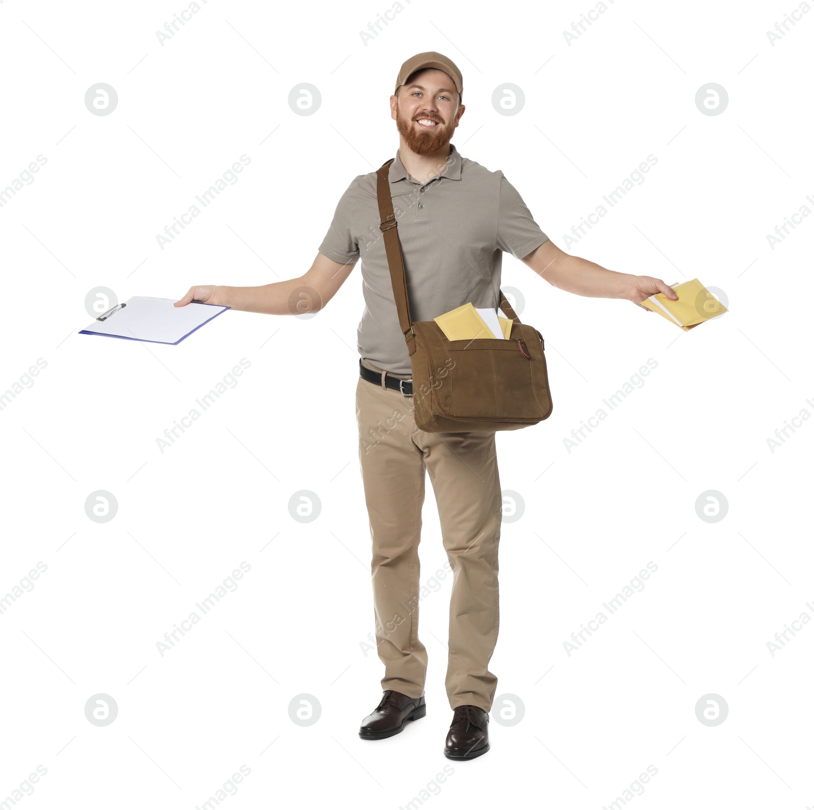 Photo of Happy young postman with brown bag delivering letters on white background