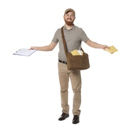Happy young postman with brown bag delivering letters on white background