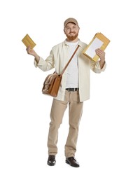 Happy young postman with brown bag delivering letters on white background