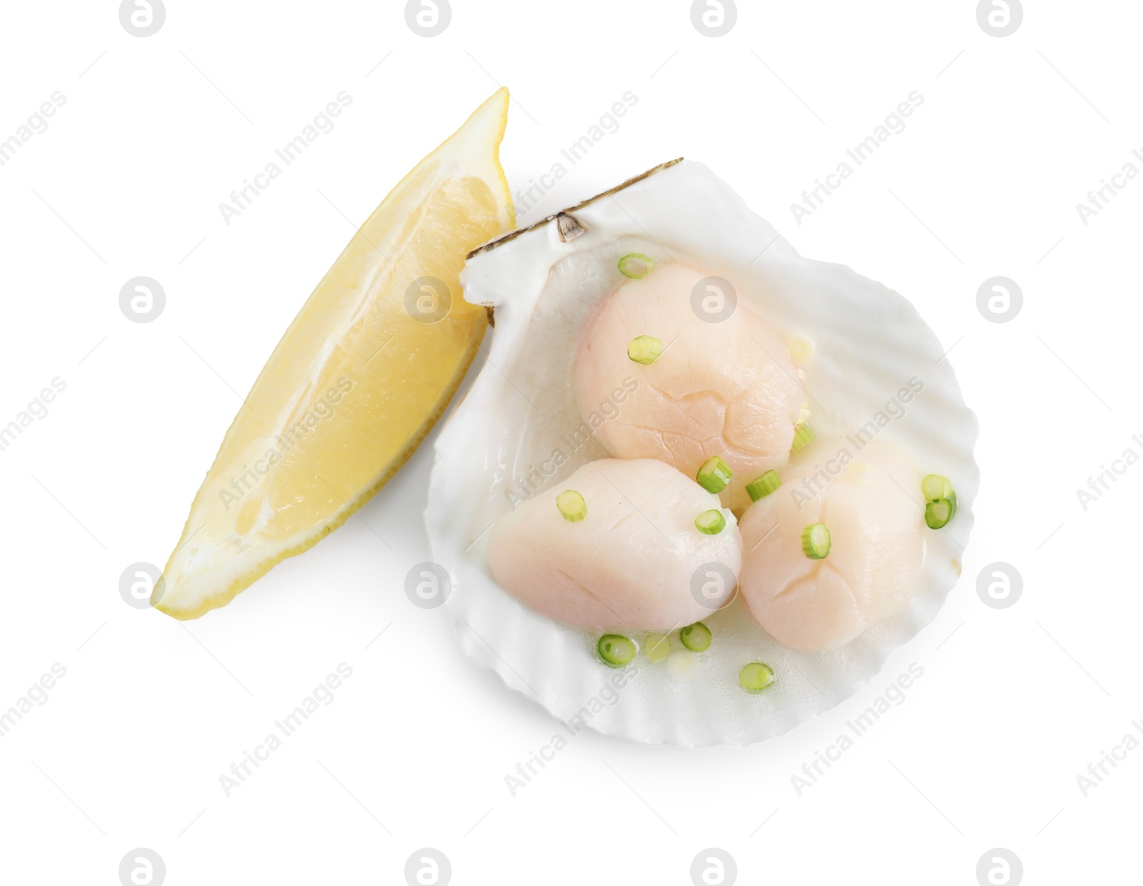 Photo of Raw scallops with green onion, shell and lemon slice isolated on white, top view
