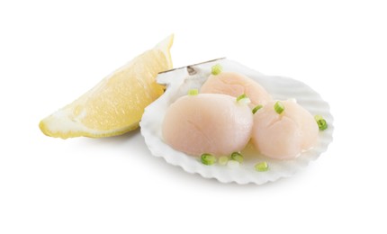 Photo of Raw scallops with green onion, shell and lemon slice isolated on white