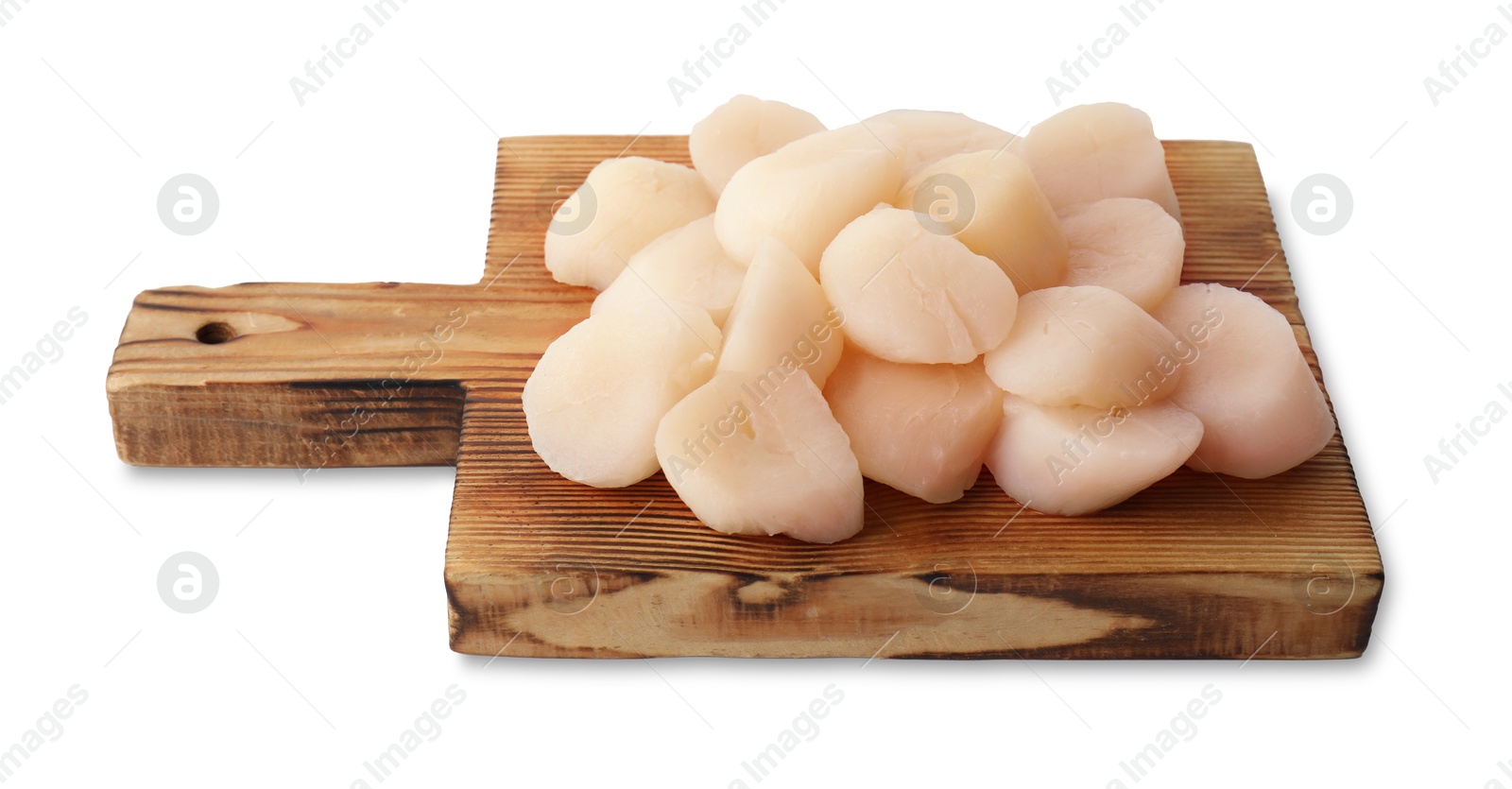 Photo of Wooden board with fresh raw scallops isolated on white