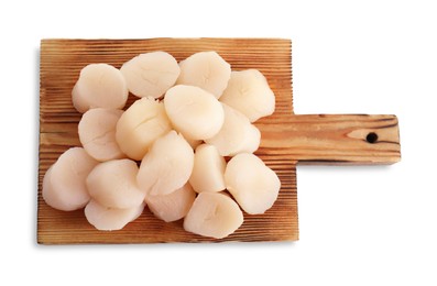 Photo of Wooden board with fresh raw scallops isolated on white, top view