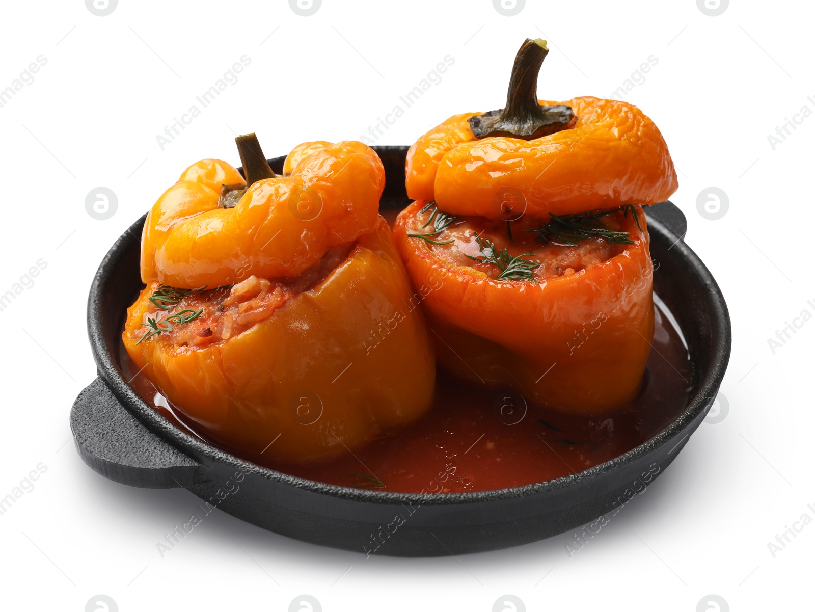 Photo of Tasty stuffed peppers in pan isolated on white