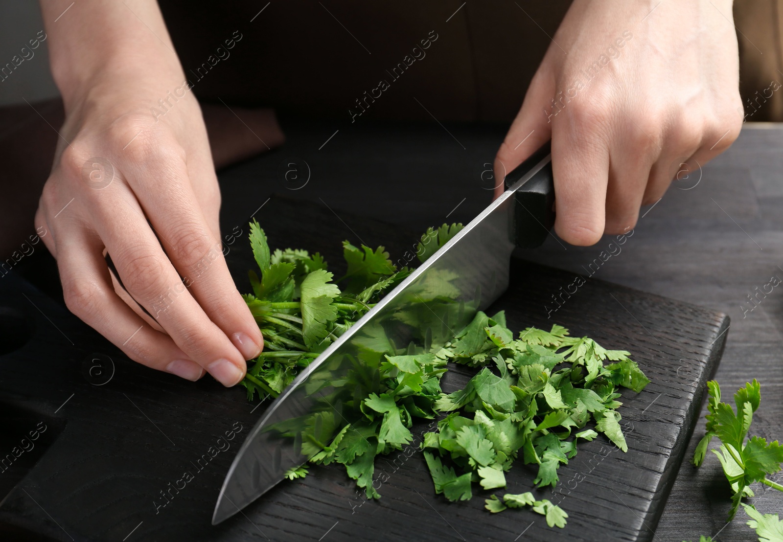 Photo of Woman cutting fresh coriander at black wooden table, closeup