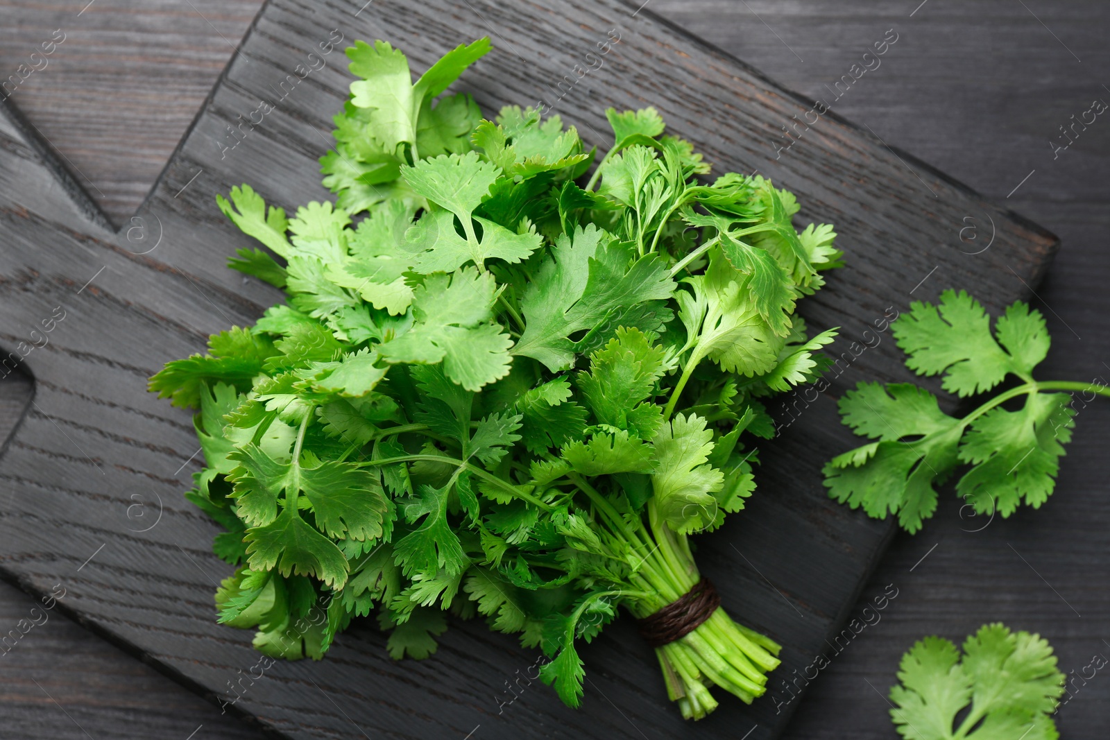 Photo of Bunch of fresh coriander on black wooden table, top view