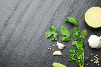 Fresh coriander leaves, dried seeds, garlic and lime on black textured table, flat lay. Space for text