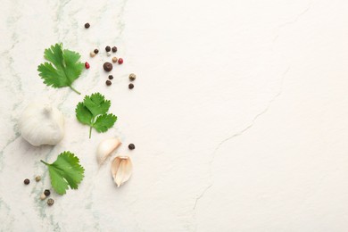 Fresh coriander leaves, garlic and peppercorns on light textured table, flat lay. Space for text