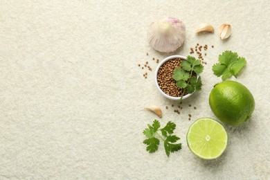 Fresh coriander leaves, dried seeds, garlic and limes on light textured table, flat lay. Space for text