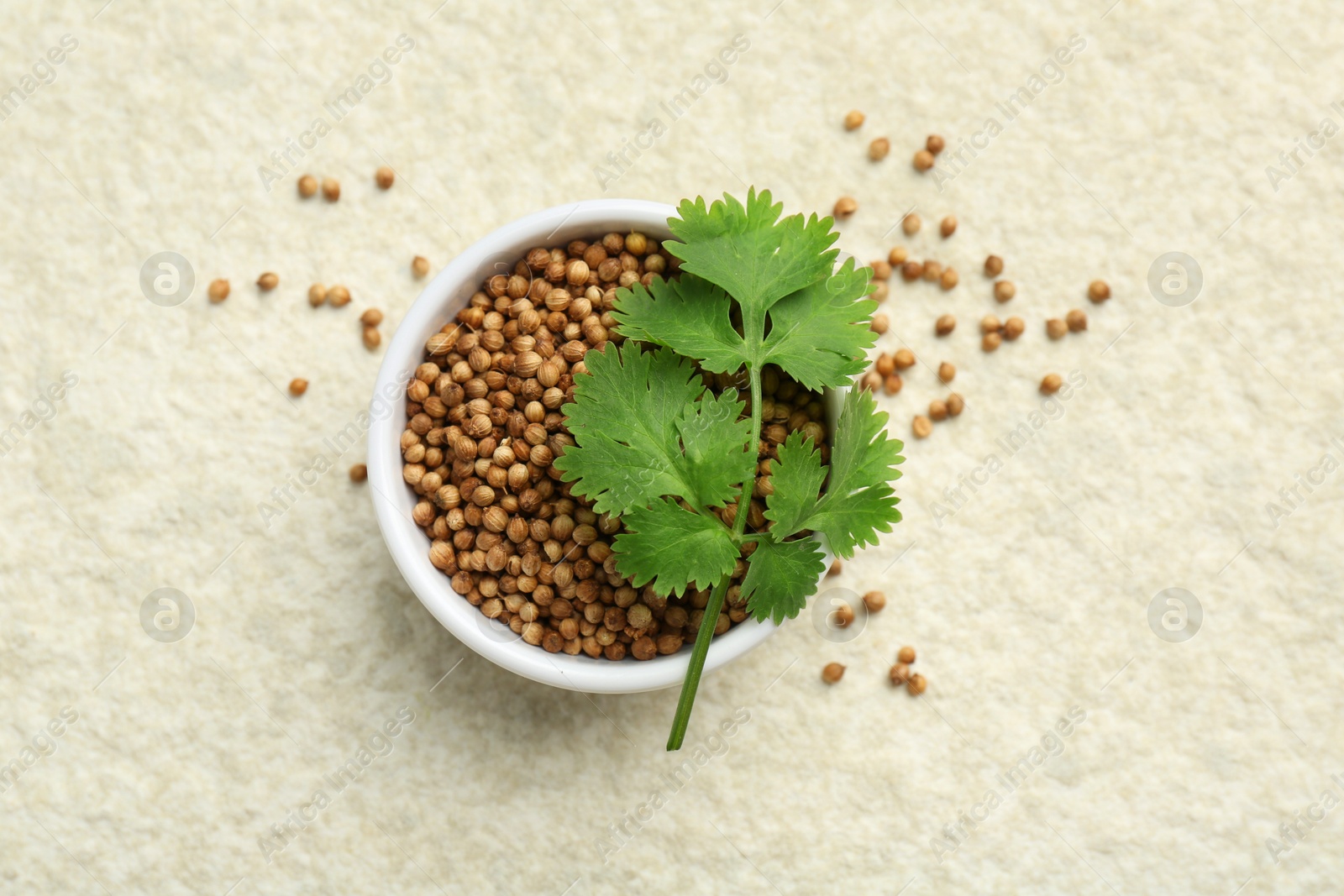 Photo of Fresh coriander leaves and dried seeds on light textured table, flat lay