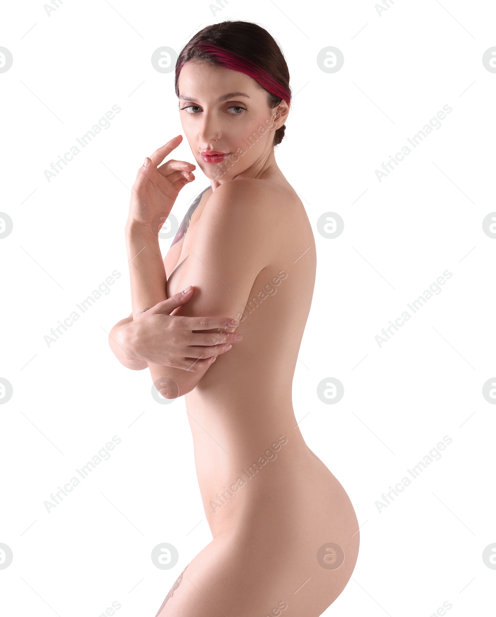 Photo of Beautiful nude woman posing on white background