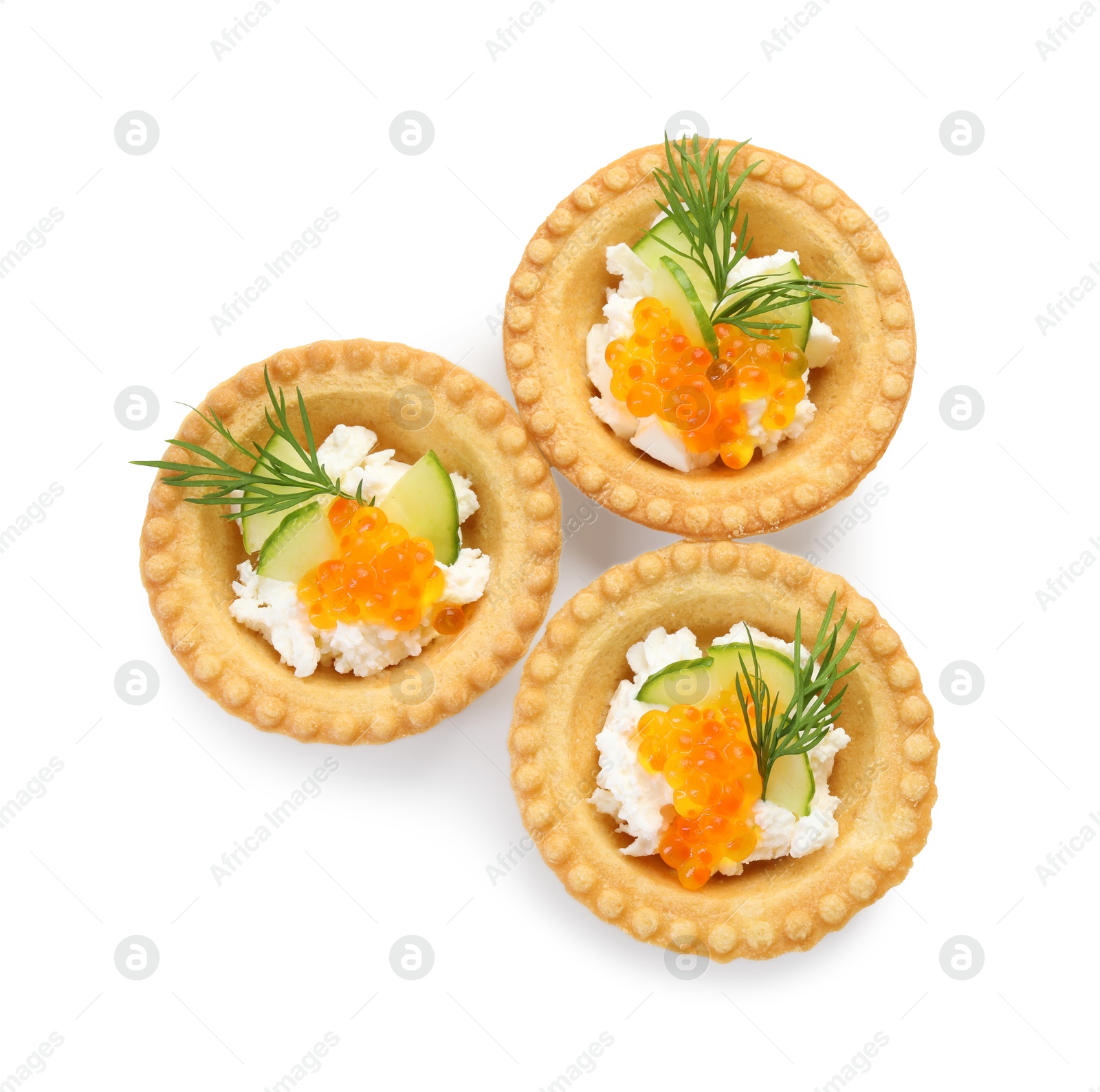 Photo of Delicious canapes with red caviar isolated on white, top view