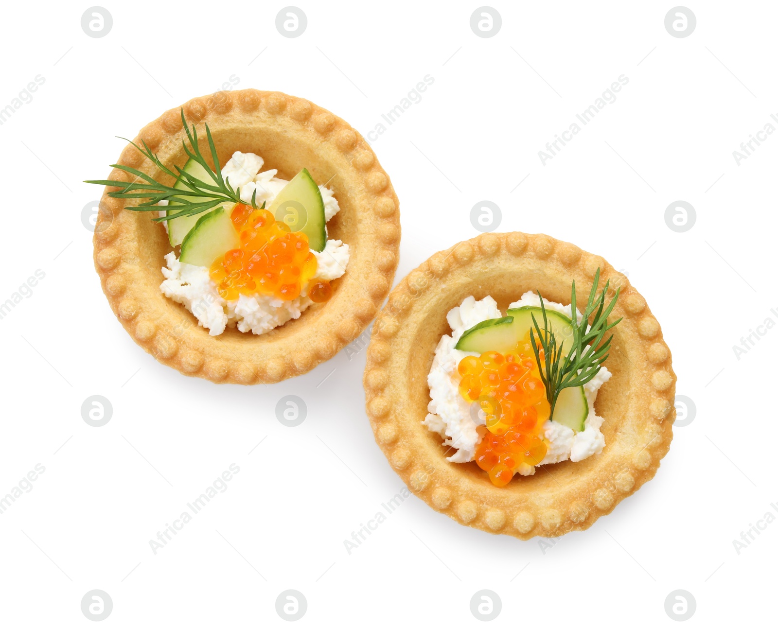 Photo of Delicious canapes with red caviar isolated on white, top view