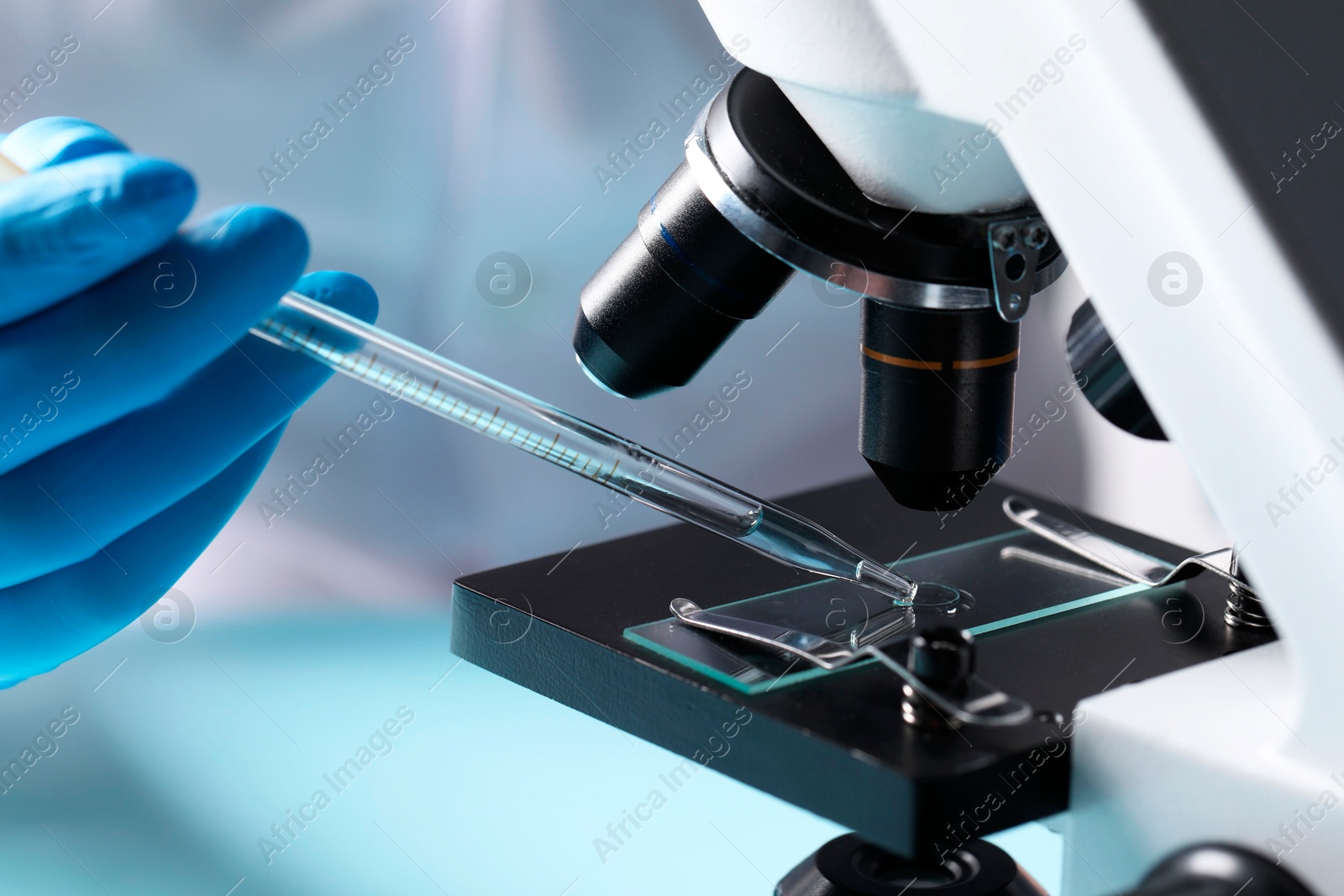 Photo of Doctor dripping liquid from pipette onto glass slide on microscope, closeup. Laboratory analysis