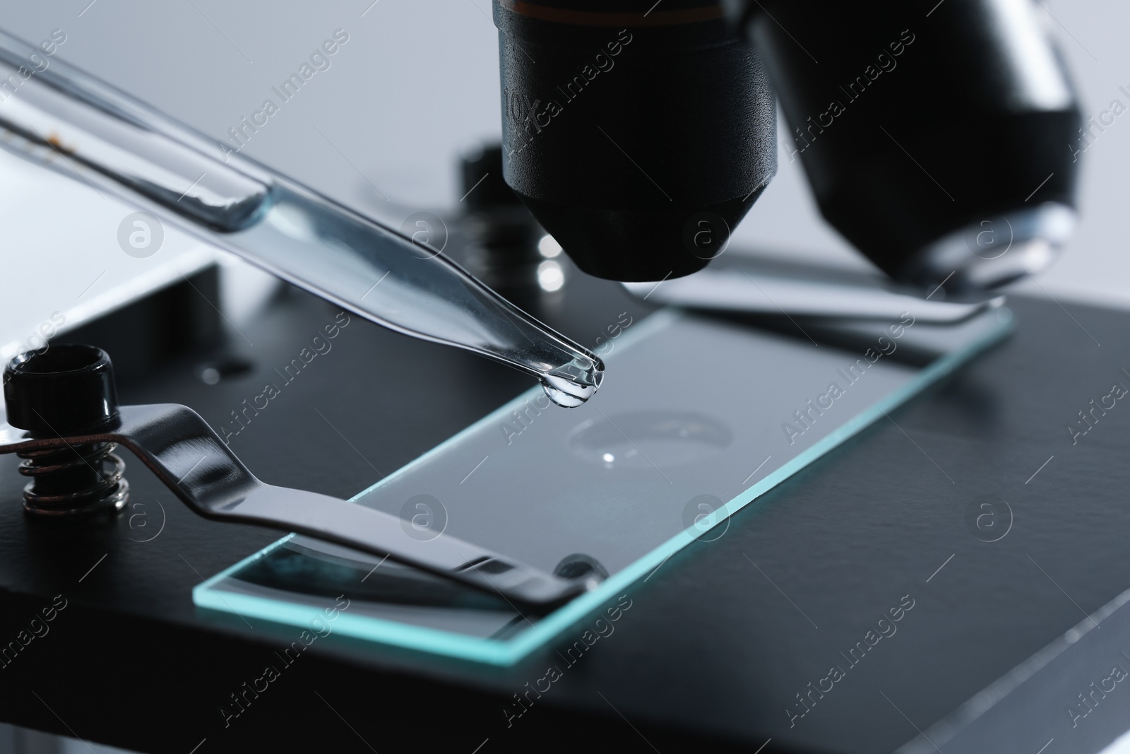 Photo of Dripping liquid from pipette onto glass slide on microscope, closeup