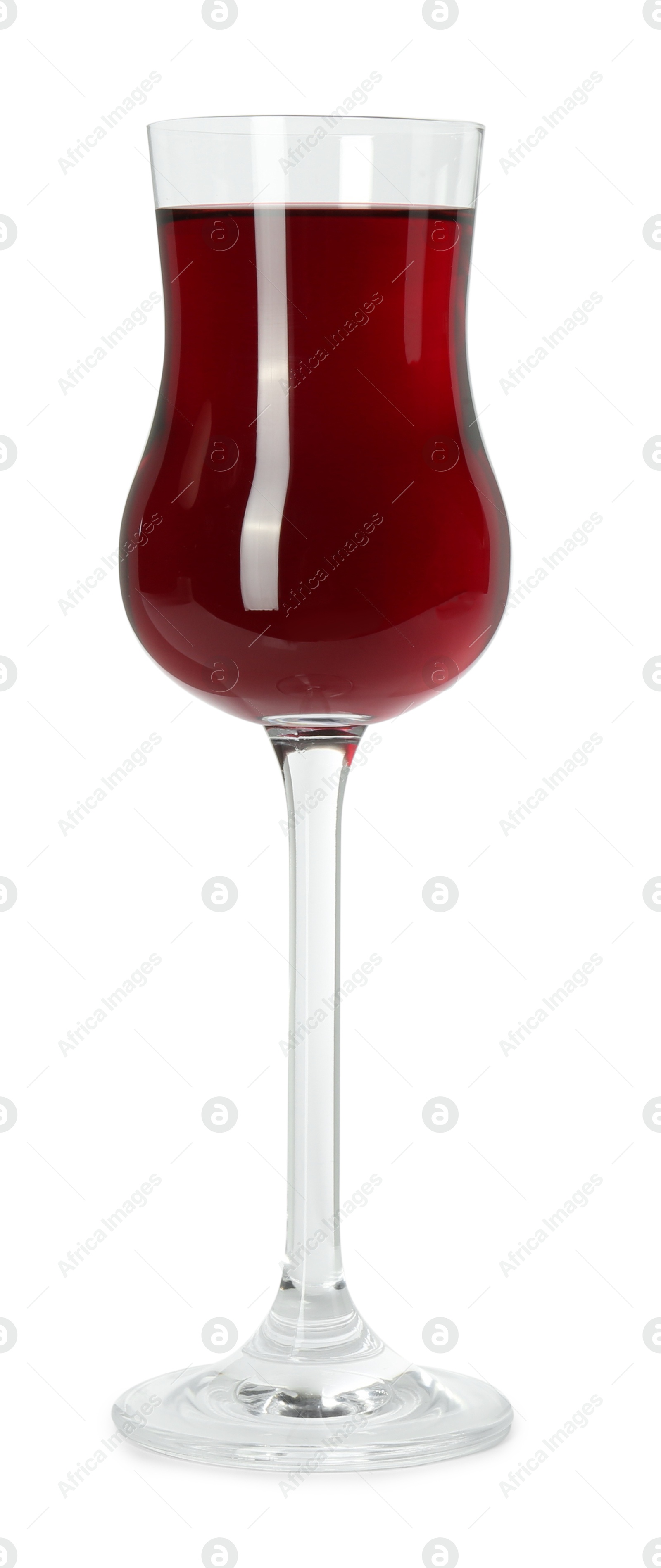 Photo of Delicious cherry liqueur in wineglass isolated on white