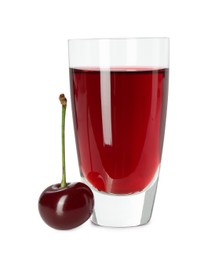 Photo of Delicious cherry liqueur in shot glass and berry isolated on white