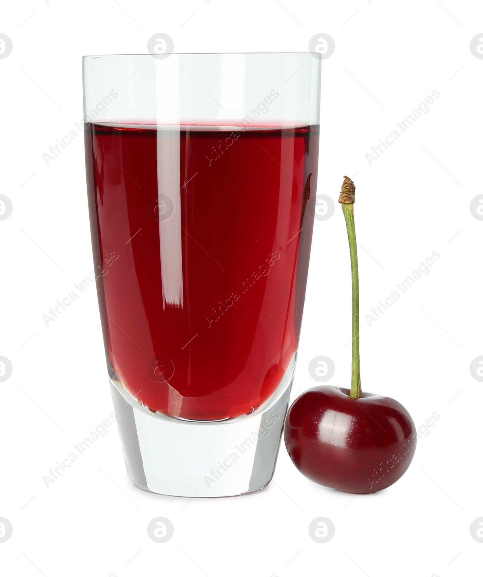 Photo of Delicious cherry liqueur in shot glass and berry isolated on white