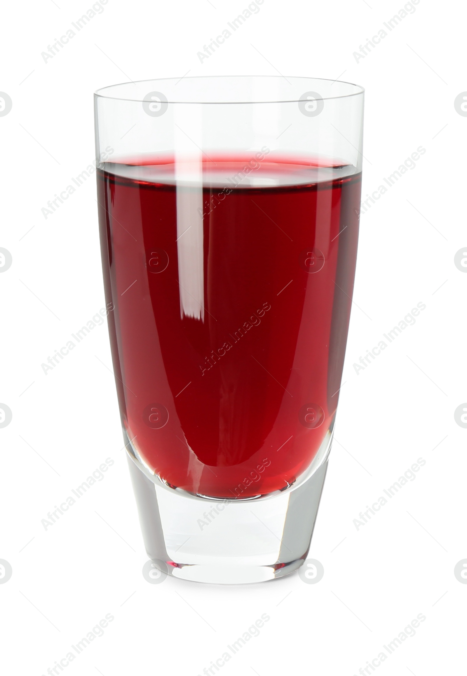 Photo of Delicious cherry liqueur in shot glass isolated on white