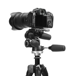 Photo of Modern camera with tripod isolated on white. Photographer's equipment